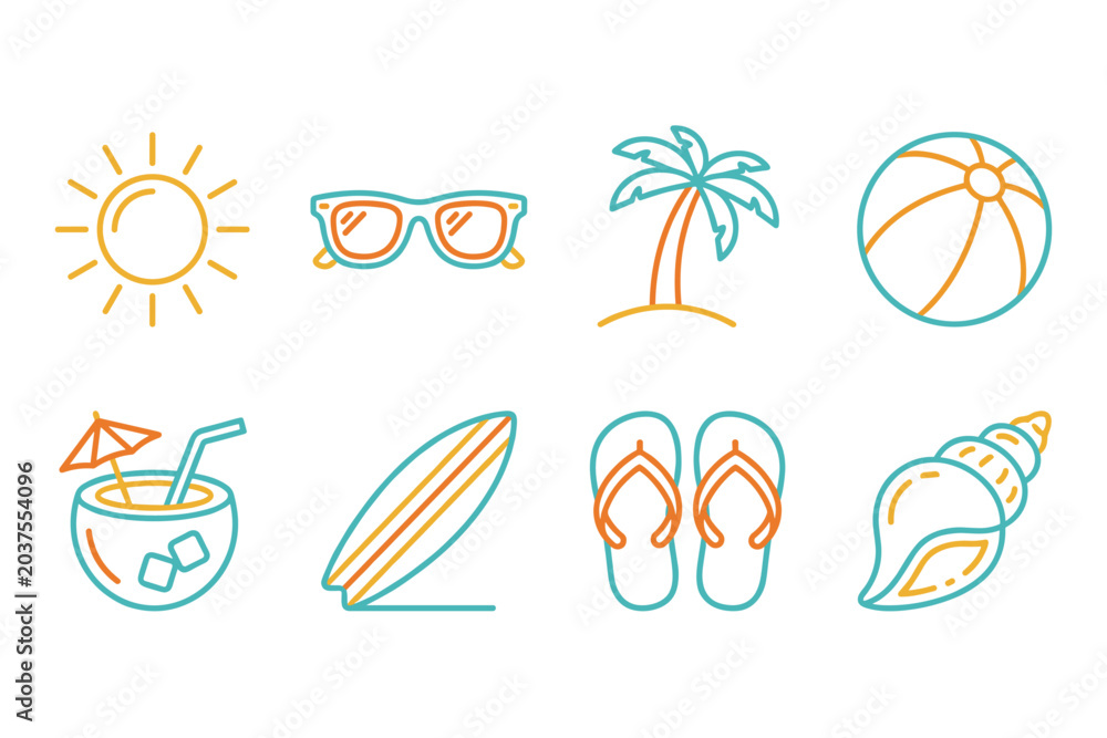 Fototapeta premium Summer Vacation Icon Set with Beach Objects and Tropical Elements