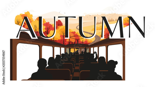 Tableau sur toile Autumn Journey by Train: Passengers enjoy a scenic train ride through vibrant autumn foliage, with the word AUTUMN prominently displayed, hinting at a season of change and travel
