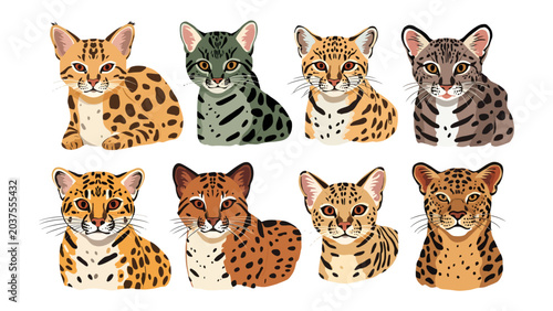 Canvas Print Collection of Wild Cats: A vibrant illustration featuring a variety of distinctively patterned wild cat species, each with unique markings and expressions, showcasing the diversity of feline wildlife