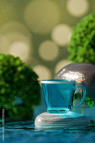 Glass Tea Cup on Pebble in Water: Wellness and Nature Spa Concept, 3D Render