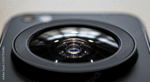 Extreme close-up of a sophisticated camera lens, showcasing intricate glass elements and light reflections
