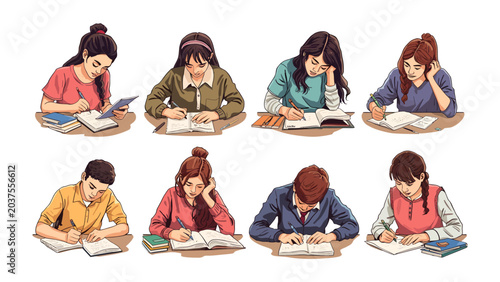 Canvas-taulu Student Studying Concentratedly: A group of diverse students, some looking stressed, sit at desks diligently studying and writing in their notebooks