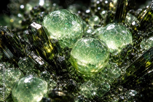 Macro shot of sparkling green prehnite and epidote crystals with reflective surfaces