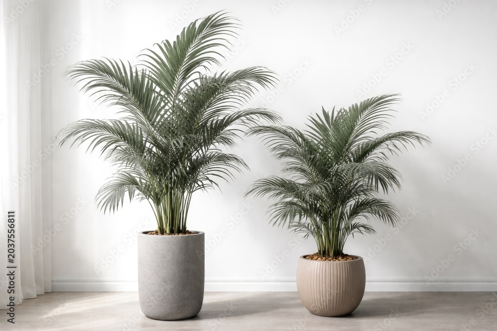 Fototapeta premium Houseplant Grey Kentia Palm Tree displayed in containers with white backdrop