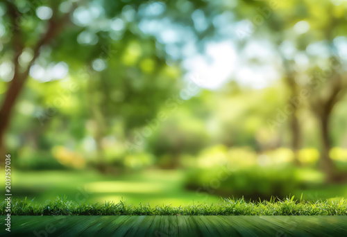 Soft focus green park with dappled sunlight and wooden surface in foreground
