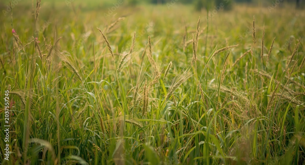 Obraz premium A vibrant summer field filled with growing hay and diverse plants showcasing lush greenery