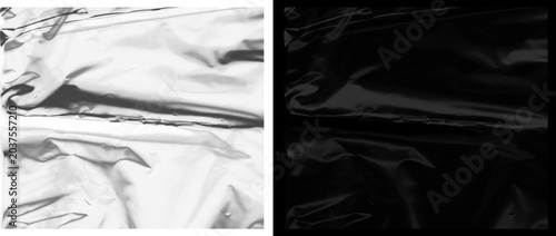 Crumpled silver foil texture background, metallic wrinkled plastic wrap surface, shiny reflective chrome material for overlay and design