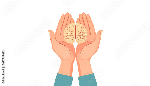 Open hands gently holding a pixelated human brain, symbolizing mental health care, neuroscience, or cognitive support