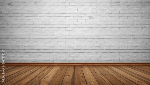 Bright room with wooden plank flooring and composite brick textured wall surfaces