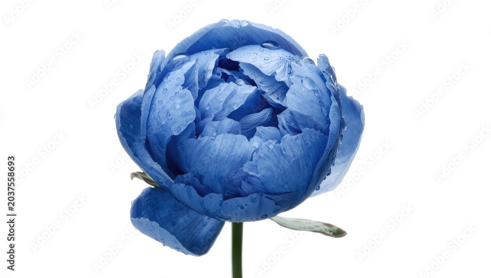 Obraz premium Blue peony blossom isolated with water droplets on clean white backdrop