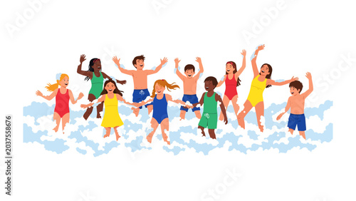 Joyful Summer Splash: A vibrant group of diverse children in swimsuits gleefully jumps into a pool, their faces alight with the pure, unadulterated joy of summer fun and water play.