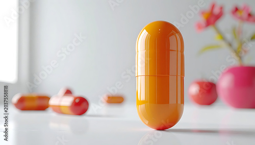 Orange and red capsule pills on a white surface with soft focus background of pink vase and flowers, representing medicine and health