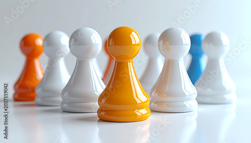Orange chess pawn standing out from a group of white, blue, and orange pawns, symbolizing leadership, individuality, and strategy on a light background