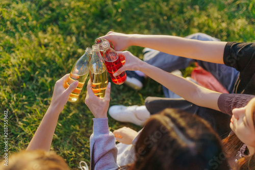 Close up shot of teenagers holding glass soda bottles during picnic toast.