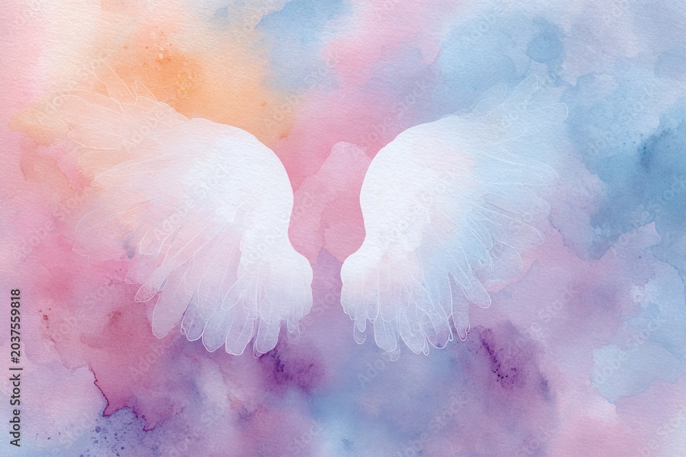 Obraz premium Watercolor illustration of angel soft wings on pastel background. Perfect for religious themes, greeting cards, spiritual design and Christian stationery projects