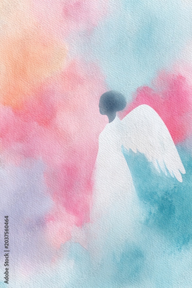 Obraz premium Delicate vertical watercolor composition angel with flowing soft wings on light pastel background with airy visual space. Ideal for church events, inspirational artwork, faith-based branding