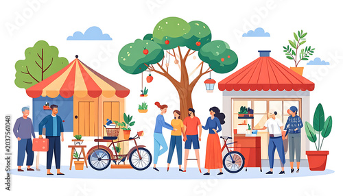 people interacting at outdoor market stalls with food vendors, bicycles, and trees, community gathering scene, lively atmosphere