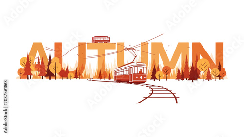 Konstfotografi Autumn Journey: A stylized illustration depicts the word Autumn set against a backdrop of trees with fall foliage, a tram traveling on tracks