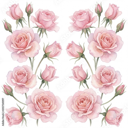 Delicate blush pink watercolor roses and buds blossom in a harmonious symmetrical floral pattern, embodying timeless elegance and natural charm, ideal for refined design