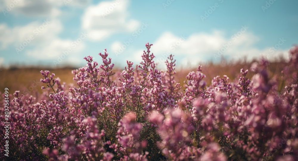 Obraz premium Blooming heather fields with purple and pink flowers in full summer view