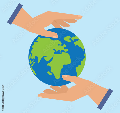 People hands protecting and holding earth globe representing sustainability and environmental responsibility