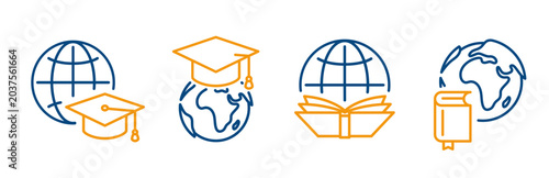 outline icons set, including book with globe, globe and graduation cap, education for all, international learning, editable stroke line icon