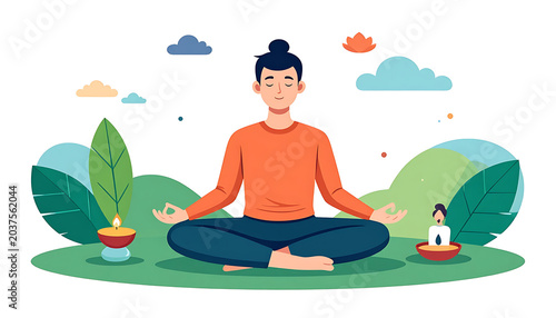 Person meditating in lotus pose outdoors, mindful calm breathing and spiritual practice, peaceful serene landscape with green hills and clouds, yoga wellness concept, digital art