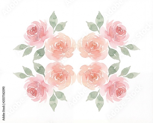 Delicate watercolor floral arrangement with soft pink and peach roses and green leaves