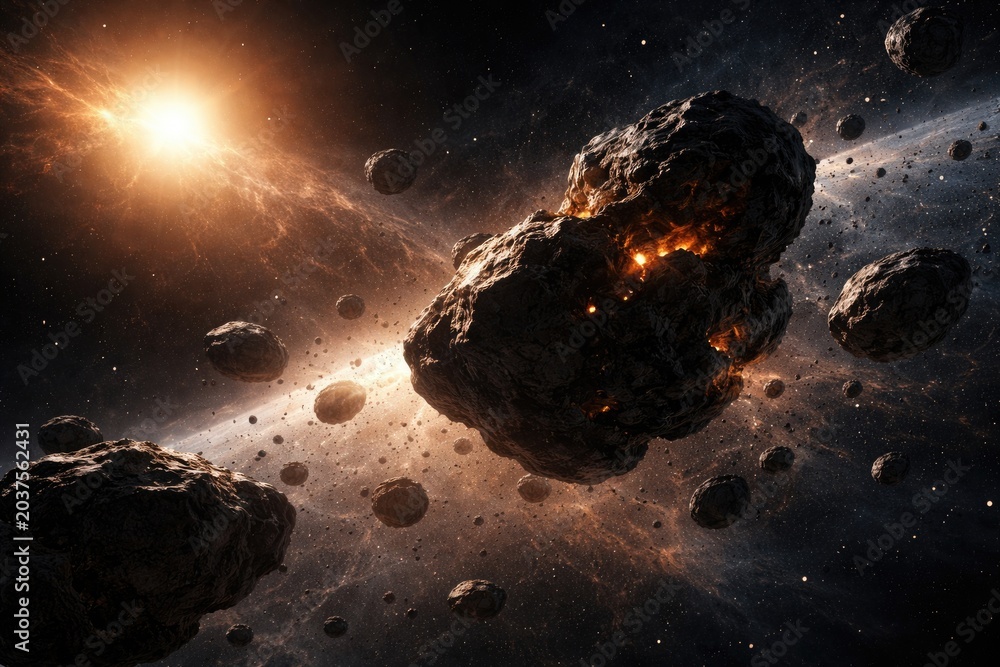 Obraz premium Solar illuminated rocky asteroids in deep space