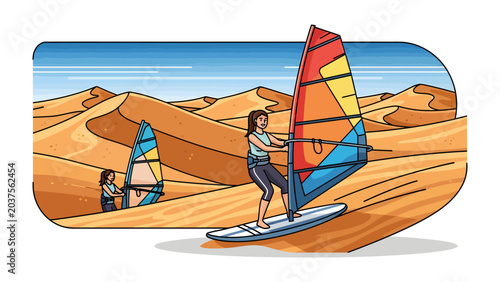 Canvas Print Desert Windsurfing Adventure: Two women experience the thrill of windsurfing across towering sand dunes, showcasing a unique blend of sport and extreme landscape in a vibrant illustration