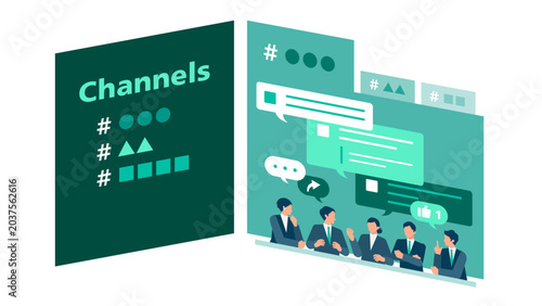 Schilderij op canvas Business team organized in structured chat channels discussing project details a