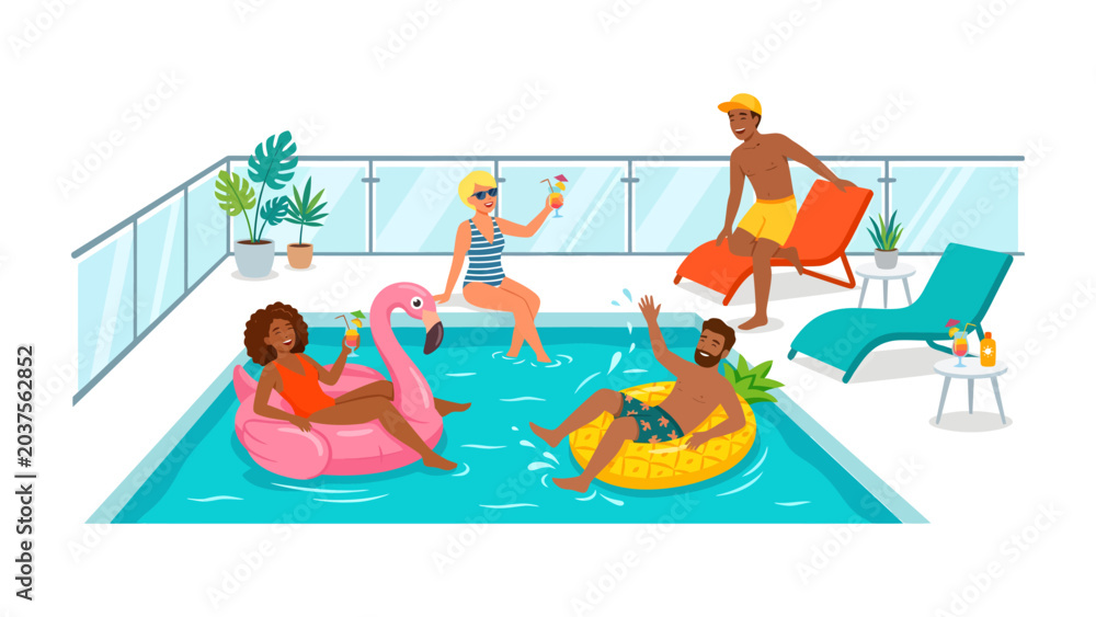 Obraz premium Pool Party Paradise: A group of diverse friends enjoy a vibrant summer pool party, relaxing on inflatable toys and sipping refreshing drinks under the sun.