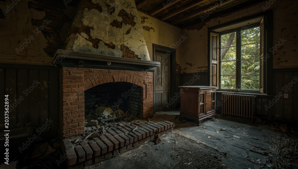 Fototapeta premium Abandoned countryside estate featuring a rustic fireplace with cracked bricks