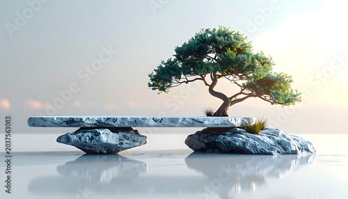 Pixel art bonsai tree balanced on stone and rock with calm, ethereal sky, representing zen and tranquility, ideal for meditation or mindfulness concepts
