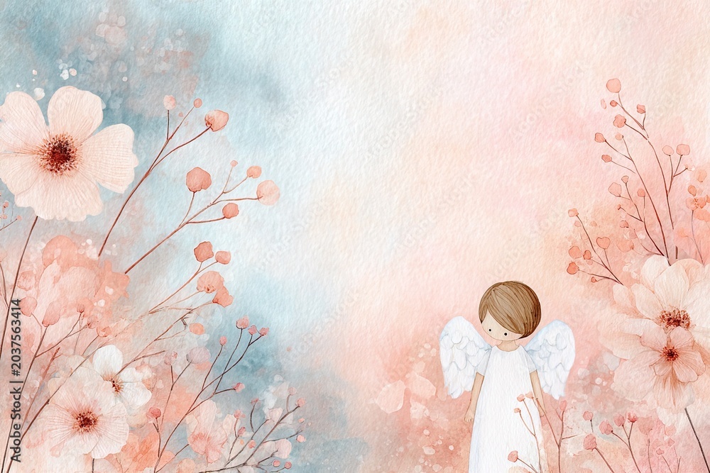 Naklejka premium Elegant watercolor postcard for First Holy Communion simple angel character and beautiful flowers, including copy space for personalization. Suitable for invitations, posters, Christian celebrations