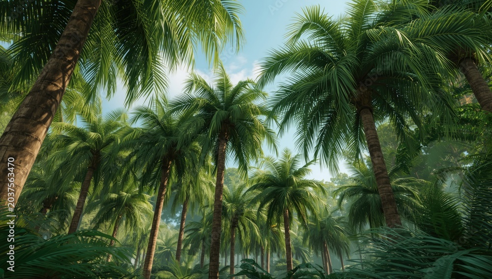 Fototapeta premium Animated Palm Trees in Tropical Forest Lush Greenery, Energetic Atmosphere, Wide View