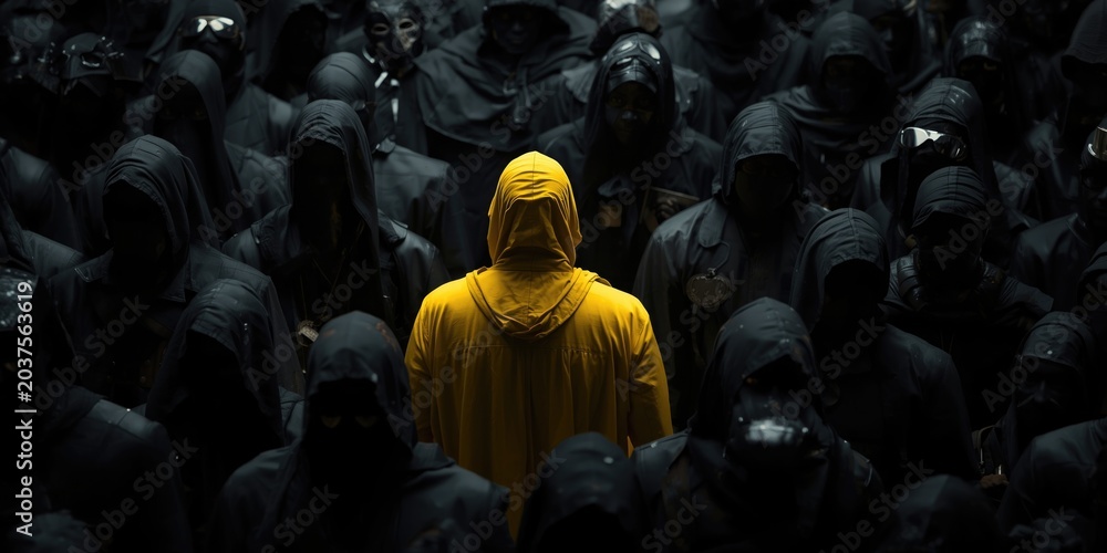 Obraz premium Yellow Cloaked Figure Standing Out Among Dark Hooded Crowd Dramatic Lighting, Focused Composition, High Contrast