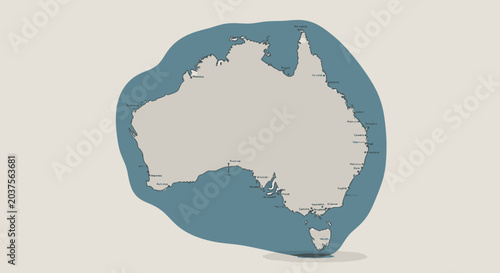 Foto Australia map outline surrounded by blue ocean waves, light beige background