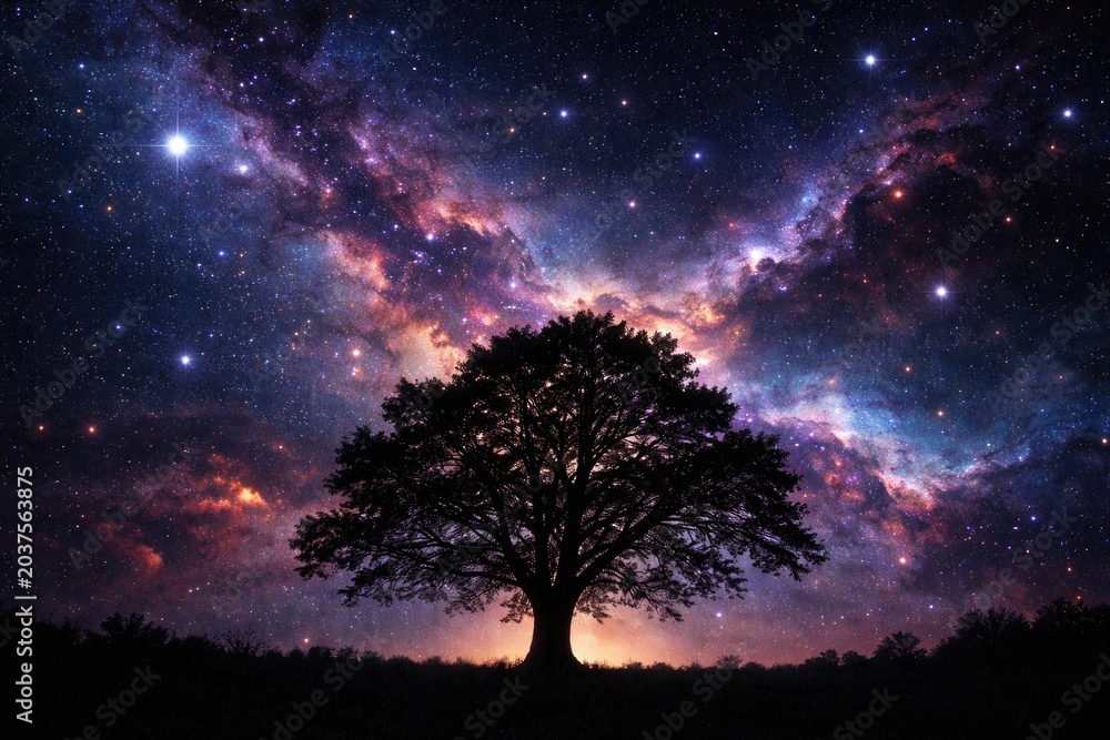 Obraz premium black tree silhouette beneath a bright star field and swirling nebula