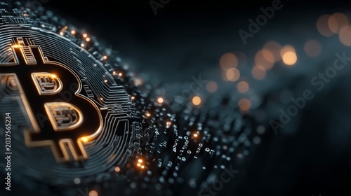 Glowing bitcoin coin on electronic circuit board representing digital currency, blockchain technology, cryptocurrency trading and futuristic financial network