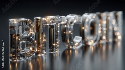 Glass Bitcoin lettering with glowing circuitry lights, digital currency concept for finance and blockchain technology