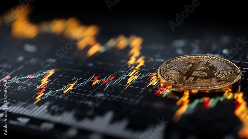 Golden Bitcoin coin on a volatile market chart representing cryptocurrency trading, digital finance trends and investment risk