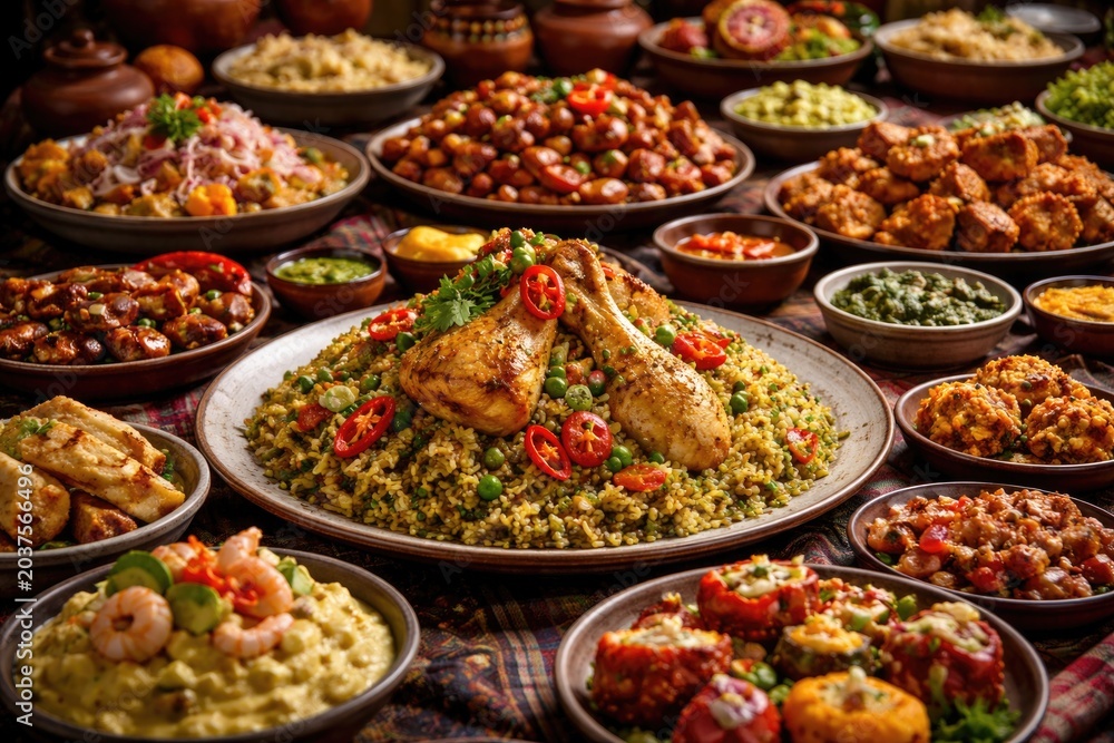 Obraz premium Peruvian gourmet buffet with diverse traditional dishes centered around arroz con pollo