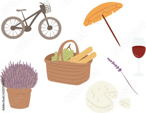 Summer in France vector illustration set with beach umbrella, camembert, picnic basket, wine, bicycle and lavender