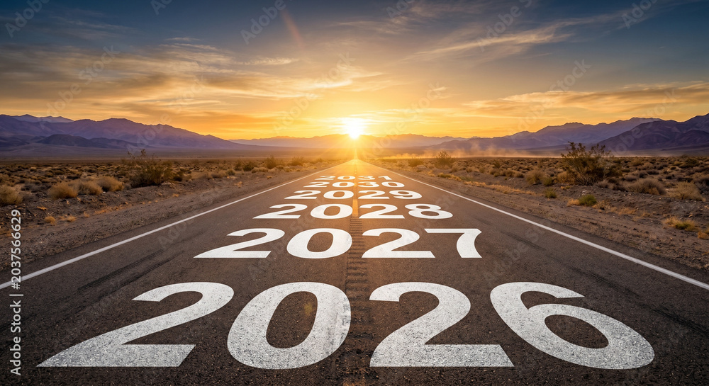Fototapeta premium 2026 future journey concept with years painted on highway leading to desert sunset