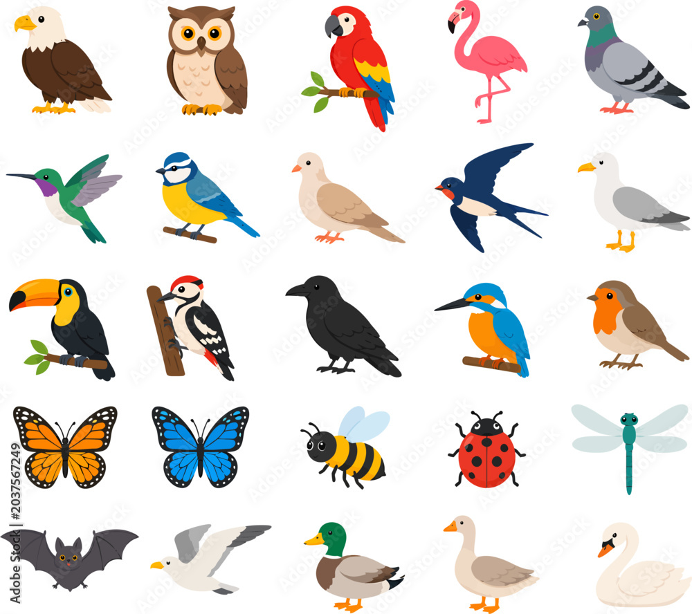 Fototapeta premium Colorful collection of diverse cartoon birds and flying insects in flat design. Features various avian species and common bugs for nature-themed illustrations
