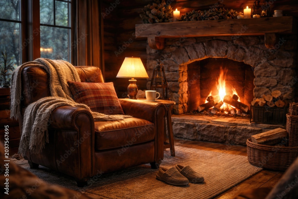 Fototapeta premium Warm and cozy chair placement near a roaring fire in a stylish cabin