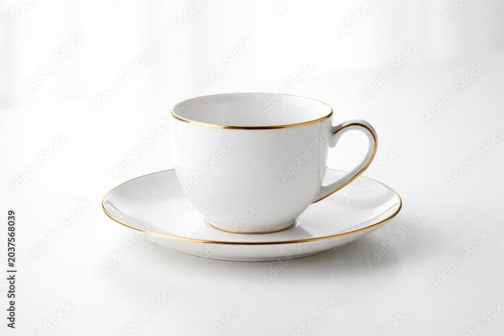 Fototapeta premium Sleek white ceramic cup and gold-edged saucer set on an immaculate white background for kitchenware and drink product display