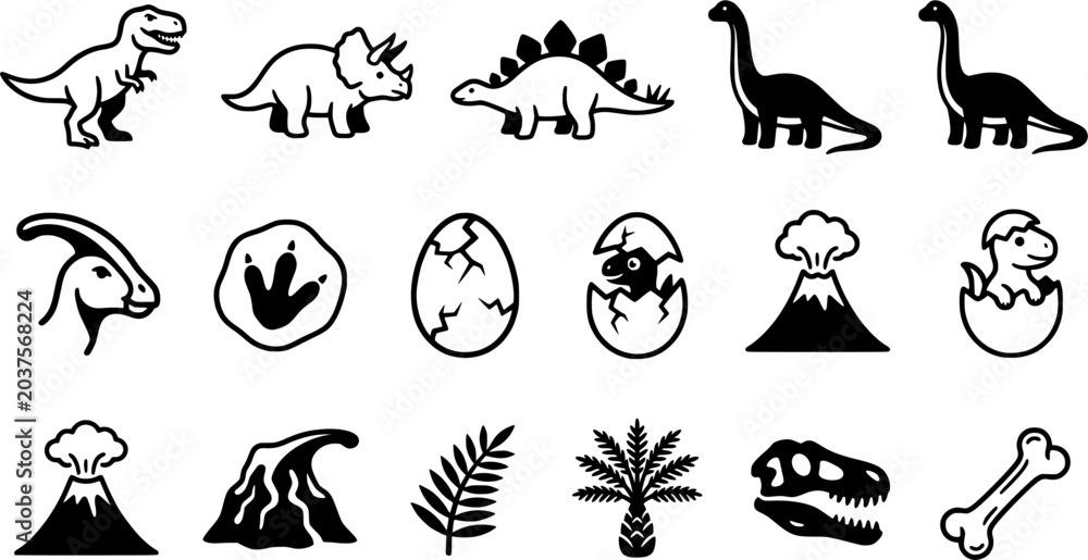 Obraz premium Cute Dinosaur Line Art Icon Set Featuring T Rex Triceratops Stegosaurus Brontosaurus Fossil Egg Volcano Bone and Prehistoric Plants Vector Collection