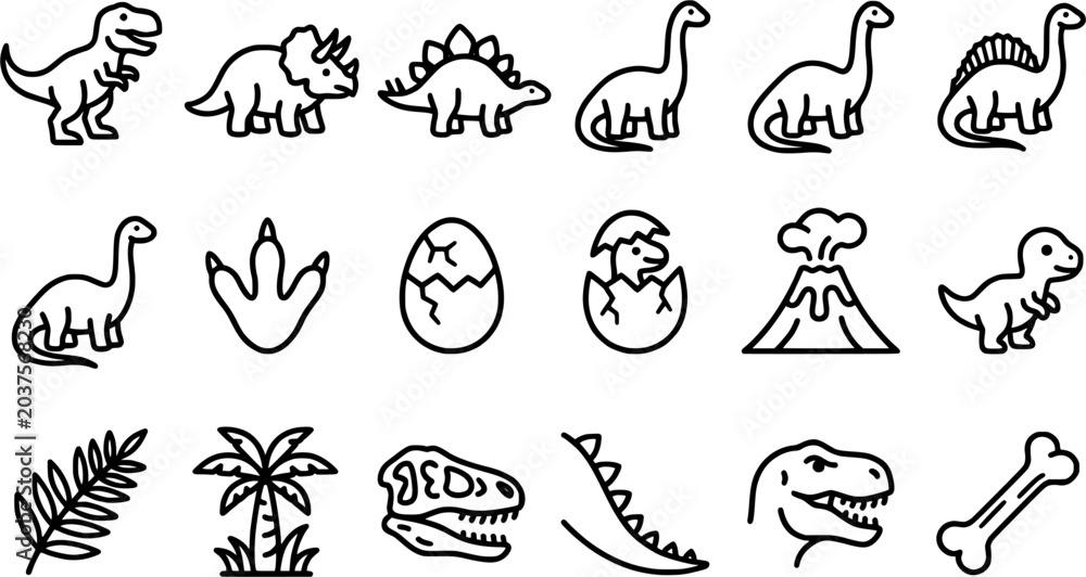 Obraz premium Cute Dinosaur Line Art Icon Set Featuring T Rex Triceratops Stegosaurus Brontosaurus Fossil Egg Volcano Bone and Prehistoric Plants Vector Collection